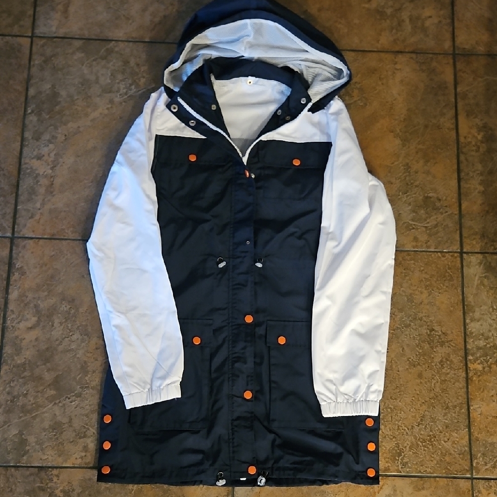 Navy and White Hooded Jacket with Orange Accents